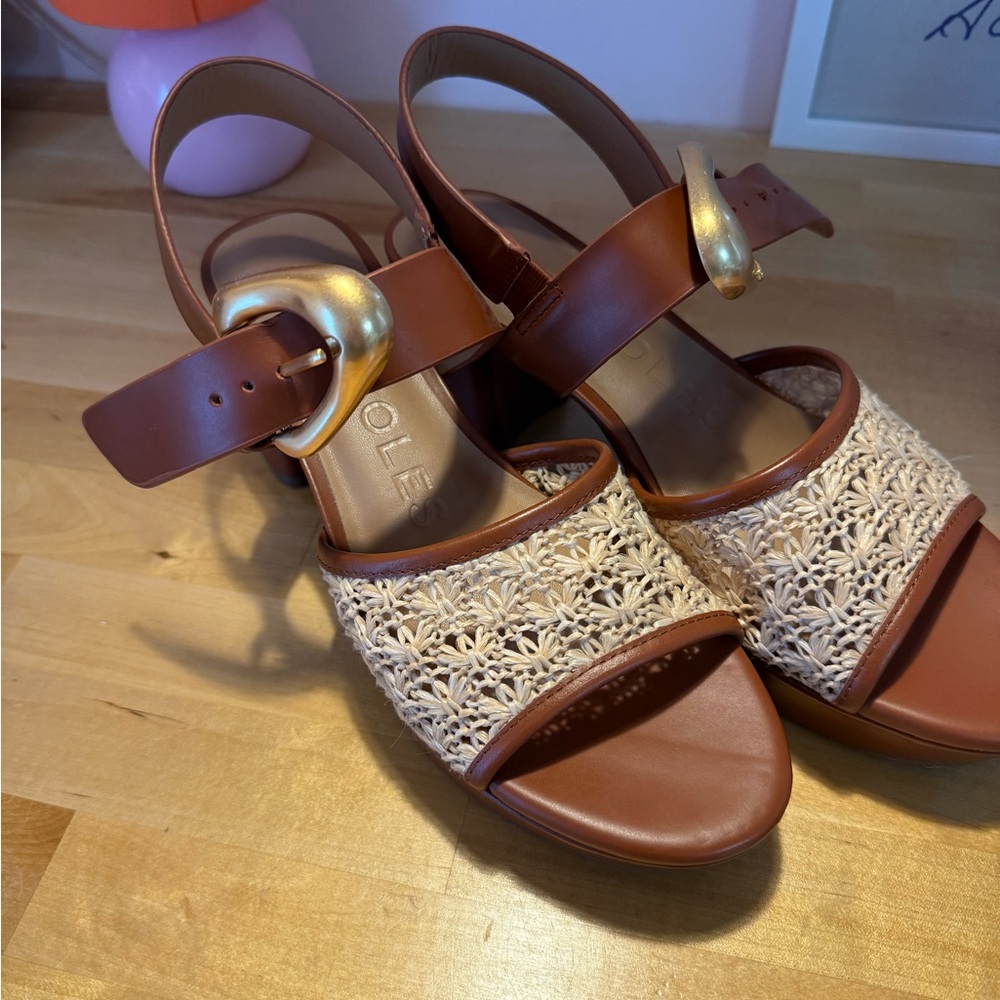 AEROSOLES Brown and Cream Sandals with Gold Accent